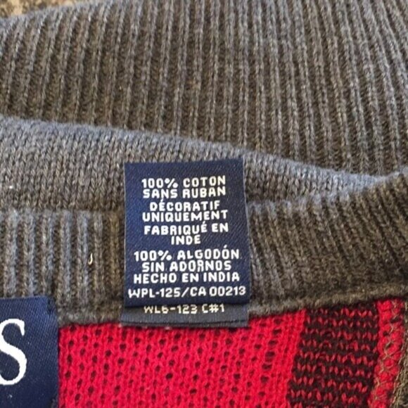 Chaps Mens V-Neck Gray Pullover V Neck Sweater Red Plaid Elbow Patches Large - Picture 4 of 5